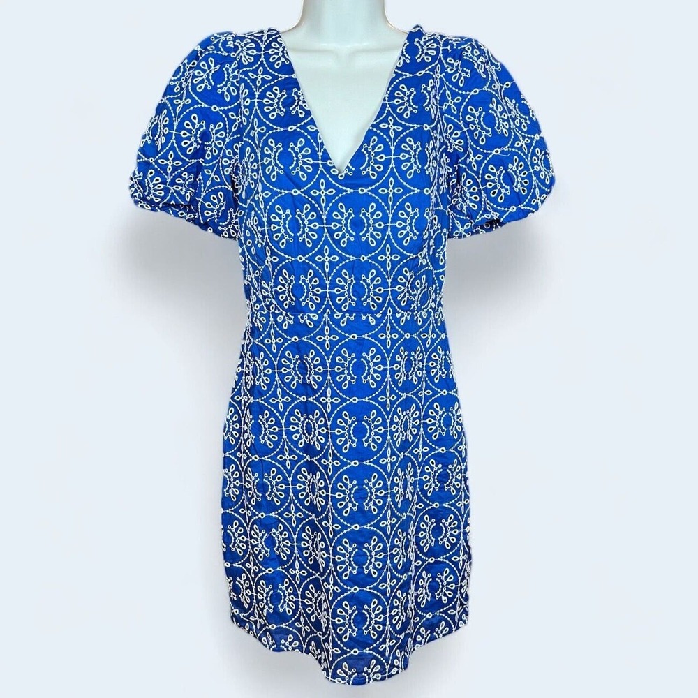 MNG Mango Dress Size 4 S Blue Embroidered Eyelet Criss Cross Open Back NWT